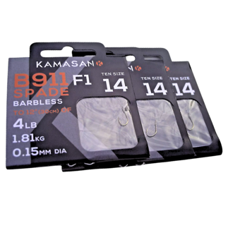 Kamasan B911 F1 Barbless Spade End Hook To Nylon