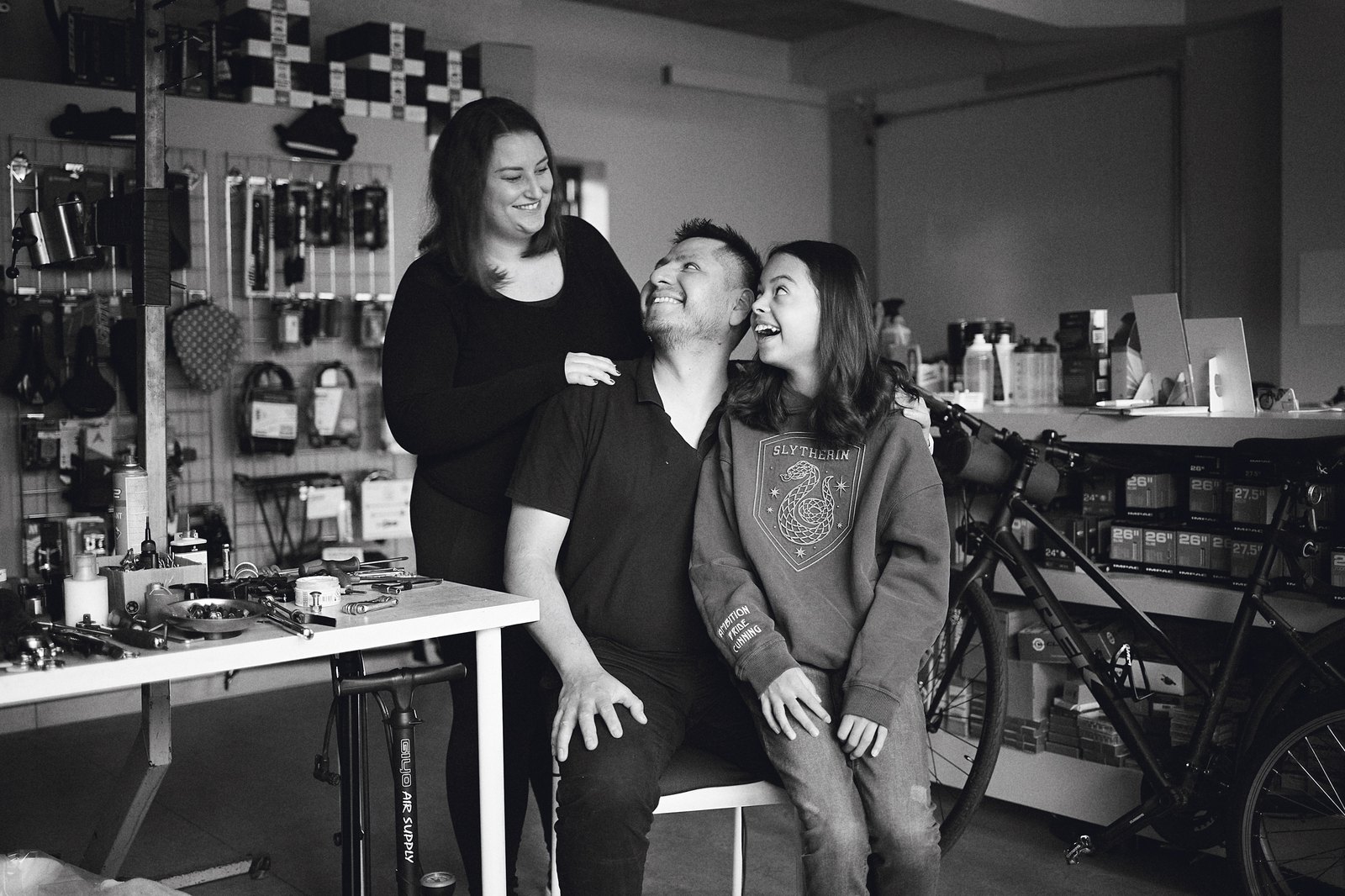 The family behind Aztecs Bikes in the workshop