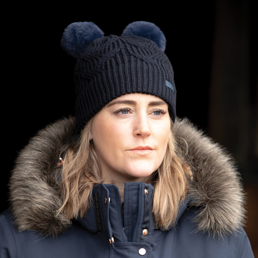 Navy Double Pom Pom Equetech Cable Knit Recycled Waterproof Hat