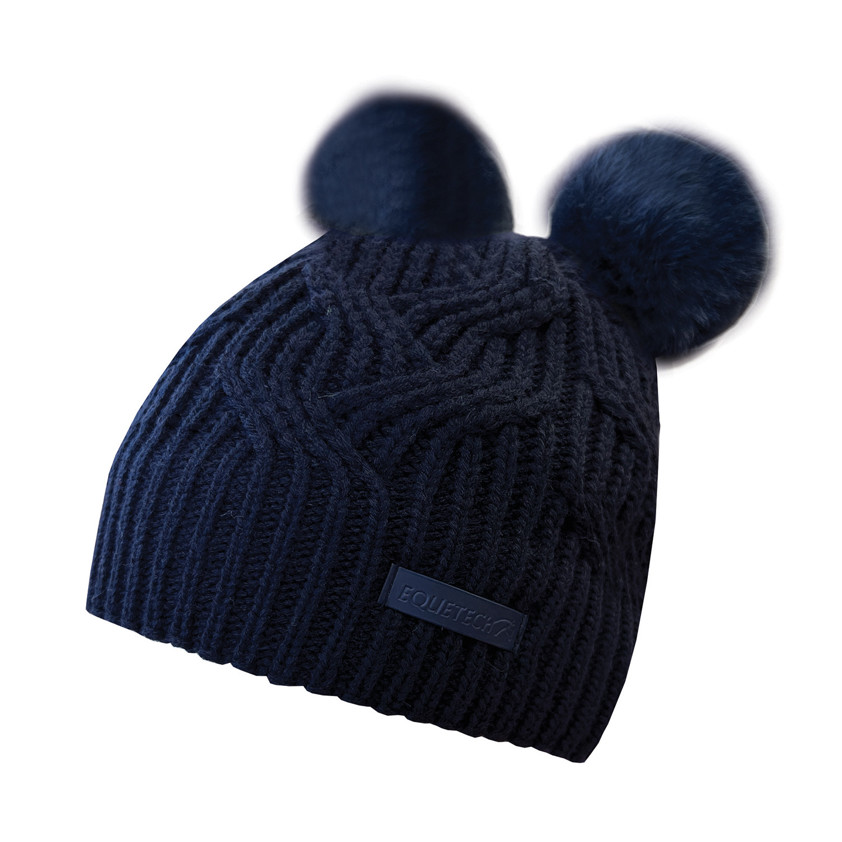 Navy Double Pom Pom Equetech Cable Knit Recycled Waterproof Hat