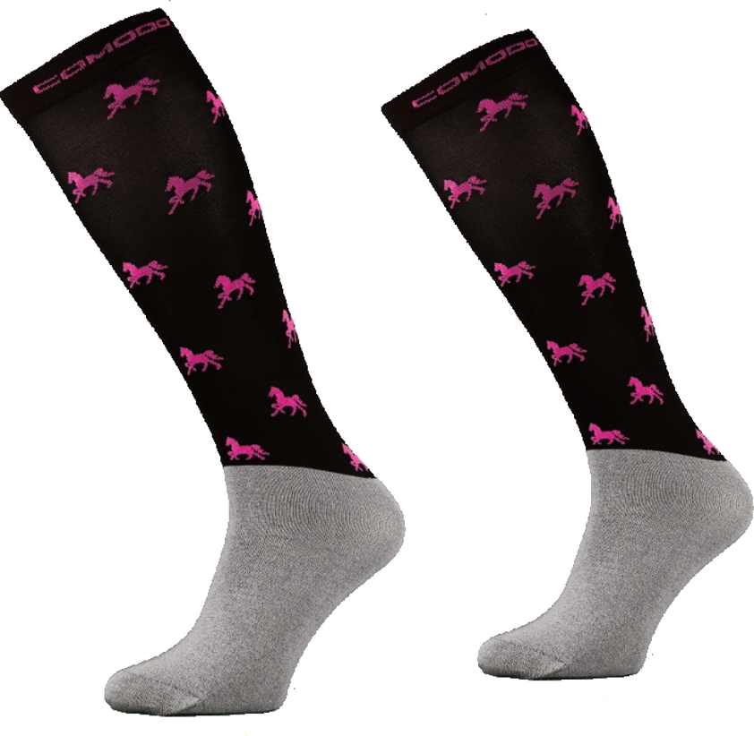 Black/Pink Horses Comodo Adult Technical Riding Socks