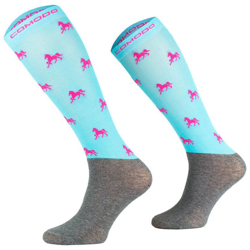 Turquoise/Pink Horses Comodo Junior Technical Riding Socks