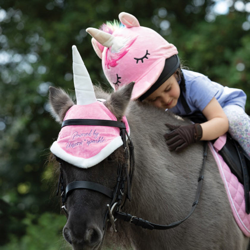 Pink/White Equetech Unicorn Fly Hood