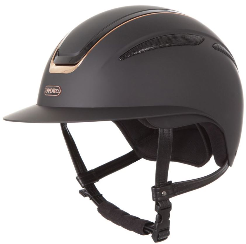 Black/Rose Gold Evoke Callisto MIPS Wide Peak Riding Hat