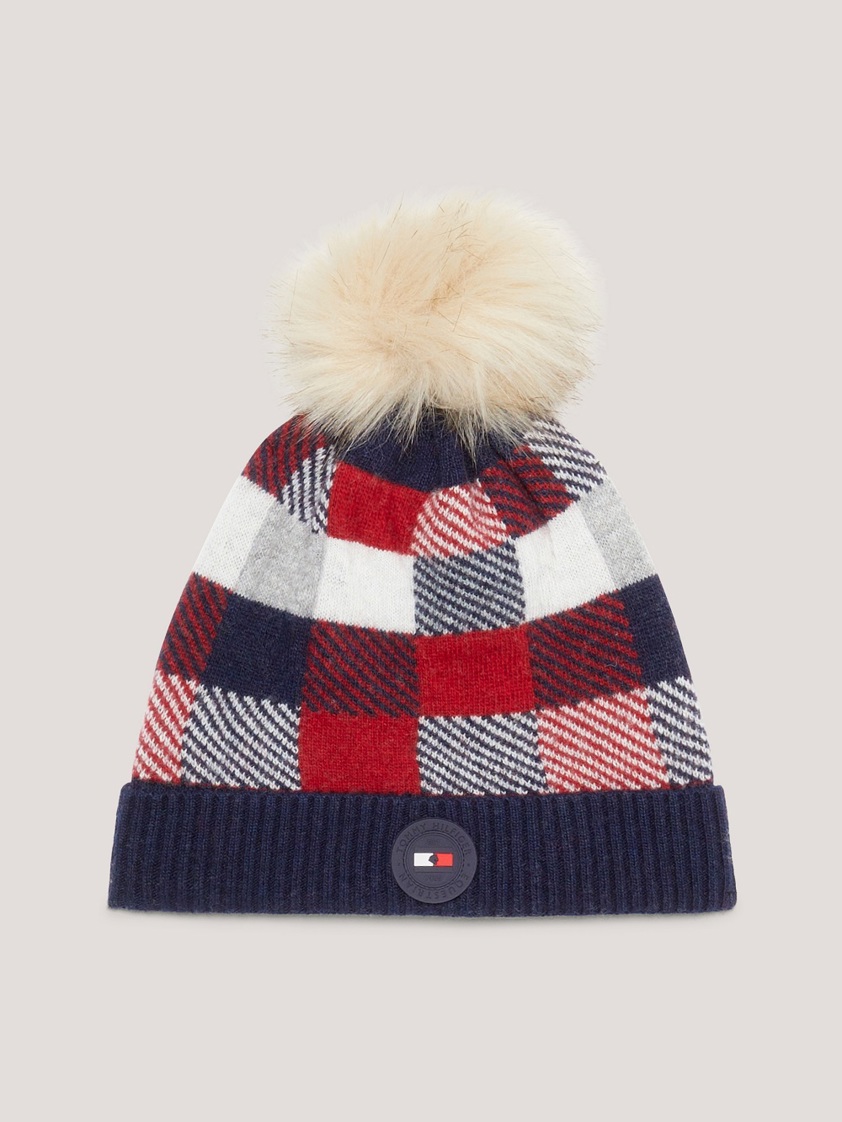 Red/White/Navy Tommy Check Knit Pom Pom Beanie