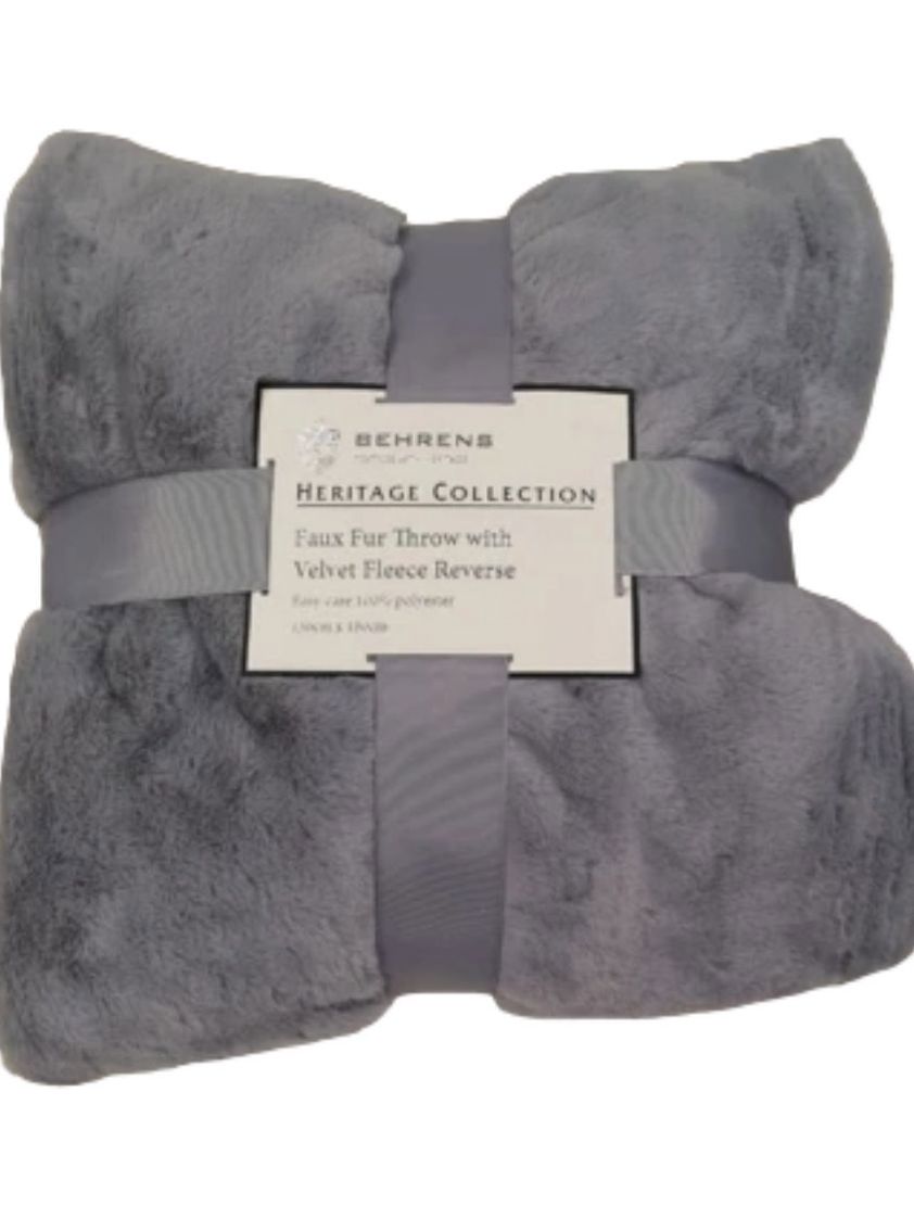 Grey Faux Fur Throw with Velvet Fleece Reverse