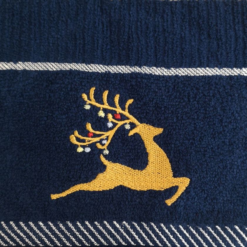 Reindeer Navy Christmas Embroidered Tea Towels