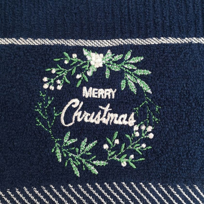 Merry Christmas Navy Christmas Embroidered Tea Towels