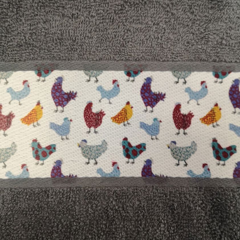 Multi Hen - Slate Kitchen Tea Towels With Embroidered Boarder