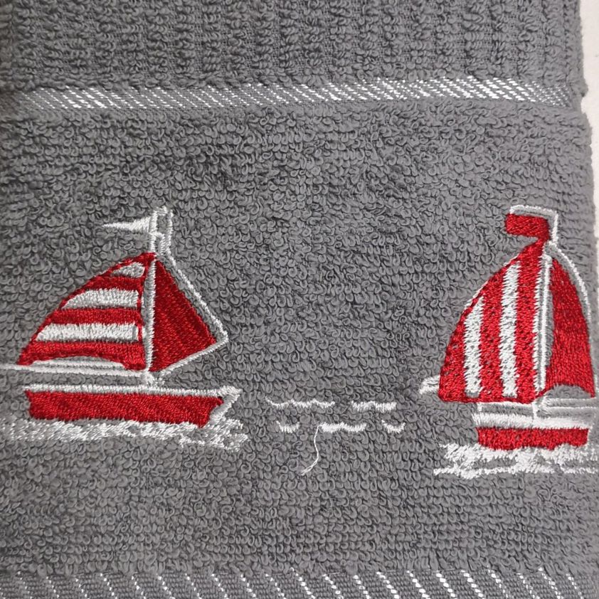 Grey Boats Embroidered Tea Towel