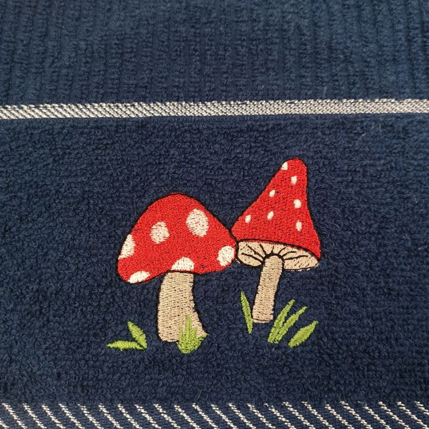 Toadstool Navy Embroidered Tea Towel