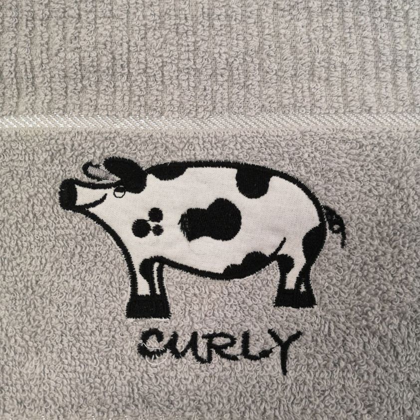 Curly Pig Embroidered Tea Towel