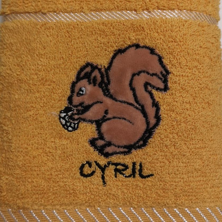 Yellow Cyril The Squirrel Embroidered Tea Towel