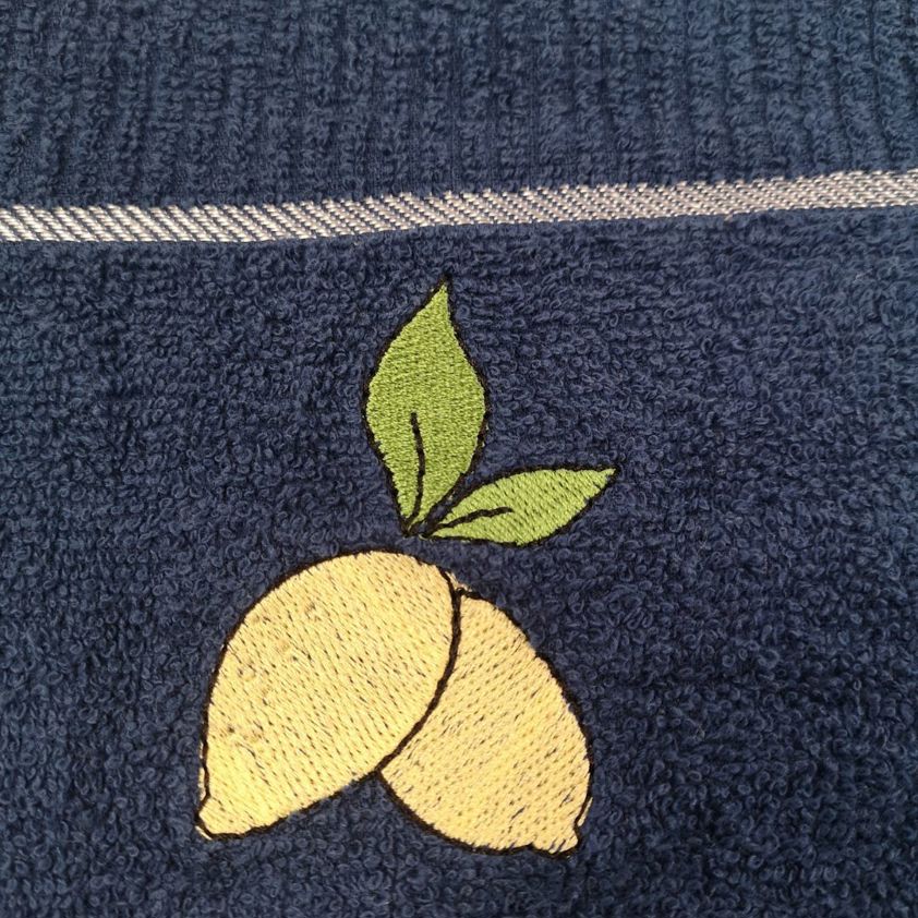 Lemons Navy Embroidered Tea Towel