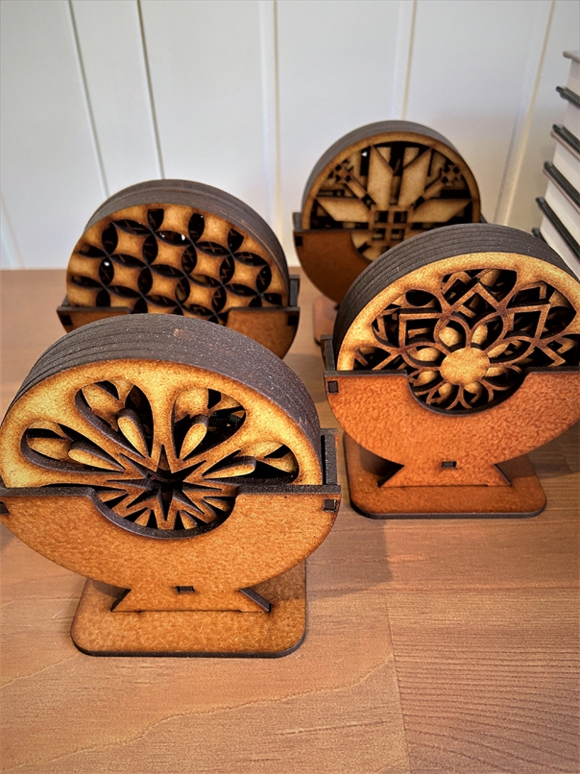 Laser-cut hand-made wooden coaster set x 6 including stand
