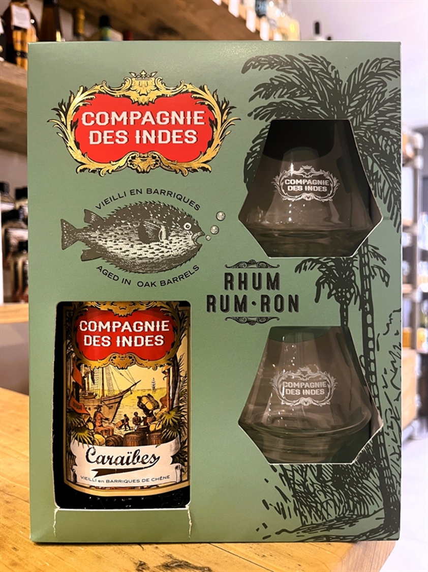 Compagnie Des Indes Caraibes Gold Rum Gift Pack with 2 Glasses 40% 70cl