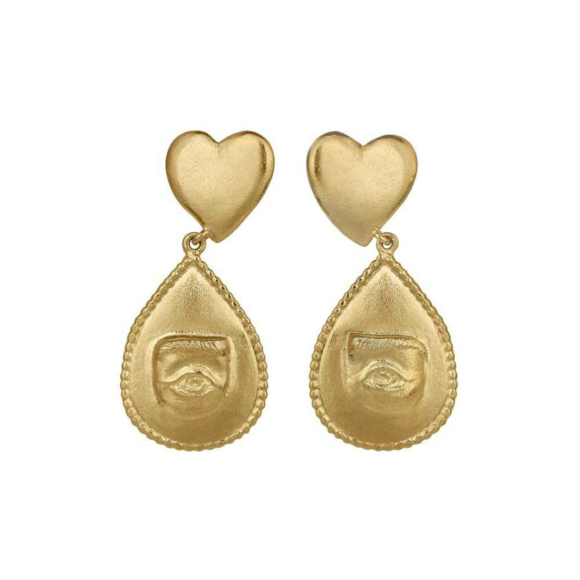 Yellow Gold Plated Bewitched Heart Stud Earrings with Eye Teardrop