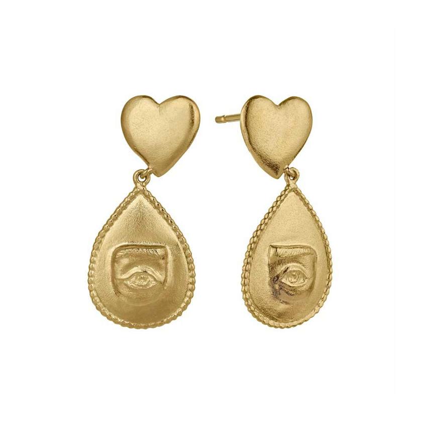 Yellow Gold Plated Bewitched Heart Stud Earrings with Eye Teardrop