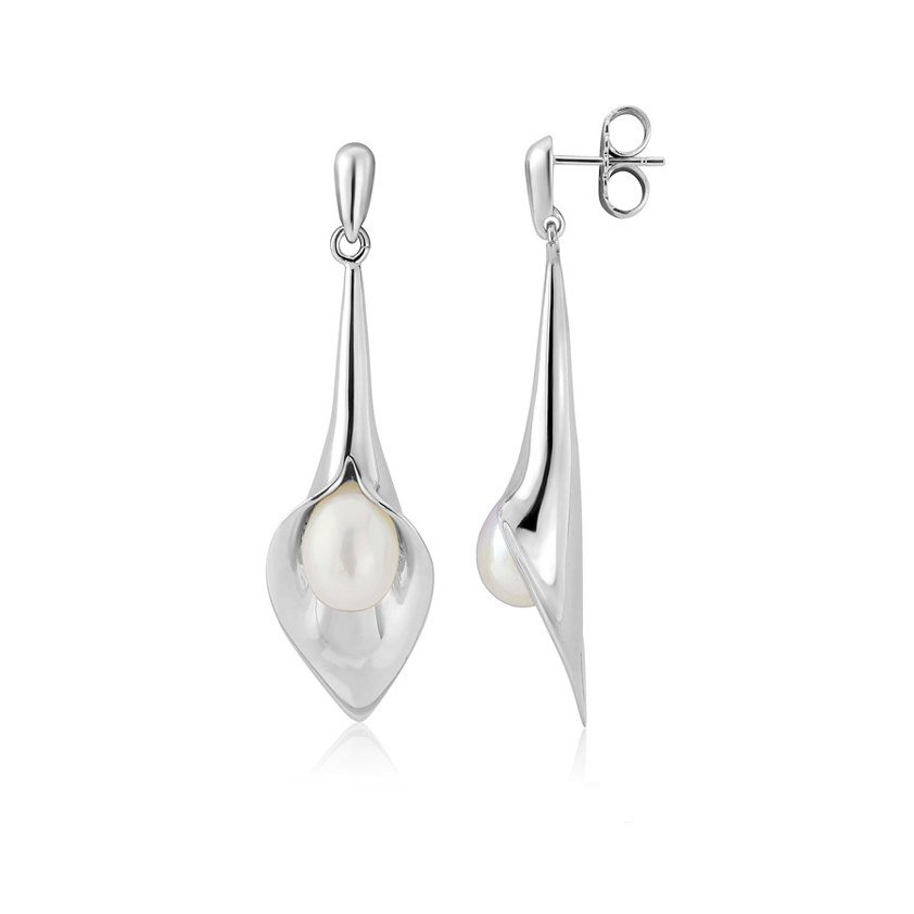 White Large Lily Silver Drop Earrings