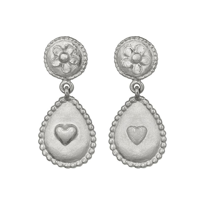 Sterling Silver Love of Nature Heart & Flower Drop Earrings