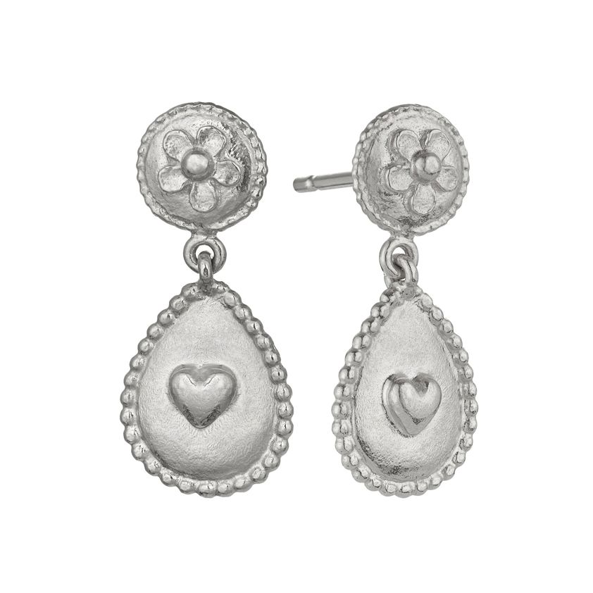 Sterling Silver Love of Nature Heart & Flower Drop Earrings