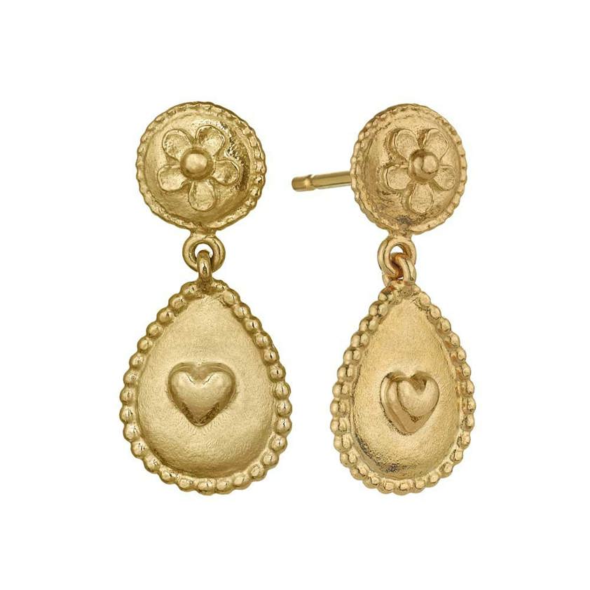 Yellow Gold Plated Love of Nature Heart & Flower Drop Earrings