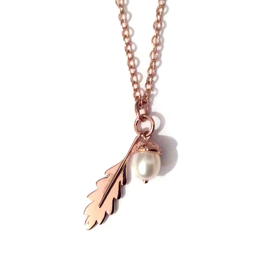 White Large Rose Gold Acorn Pearl Necklace