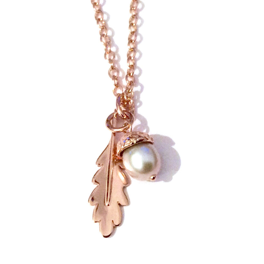 Grey Large Rose Gold Acorn Pearl Necklace