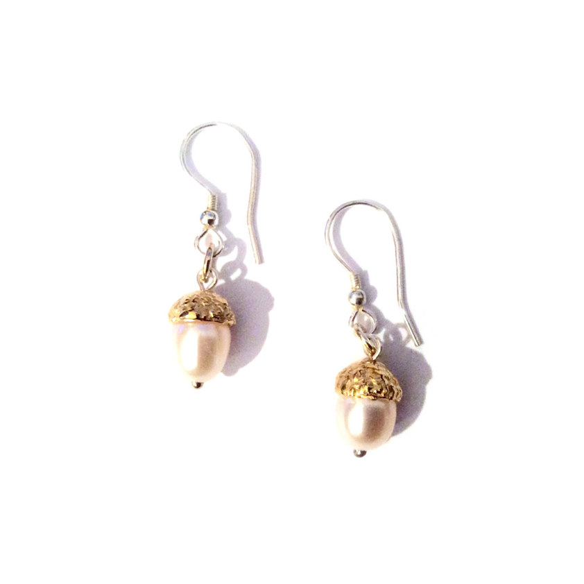 White Medium Acorn Pearl Hook Earrings