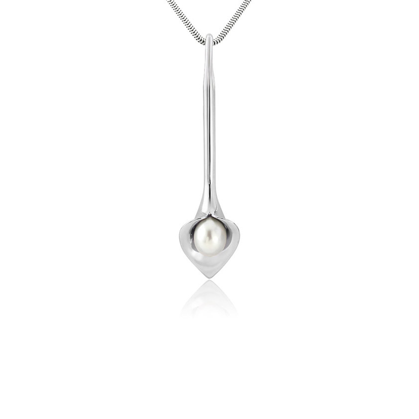 White Silver Medium Lily Drop Long Necklace