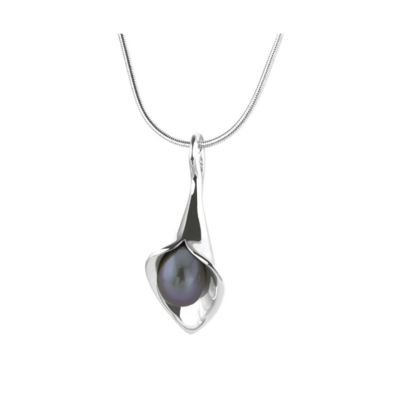 Black Silver Medium Lily Short Drop Necklace