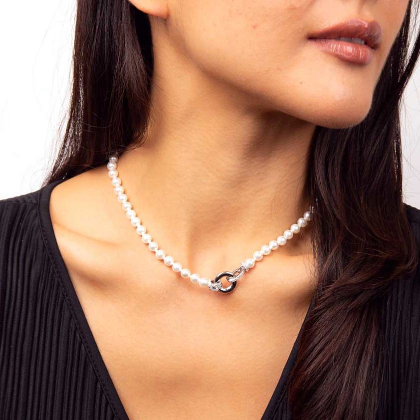 Shell Pearl & Zirconia Feature Clasp Necklace