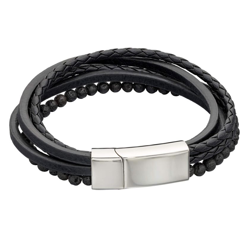 Black Leather/Lava Bead Bracelet