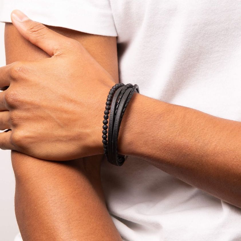 Black Leather/Lava Bead Bracelet
