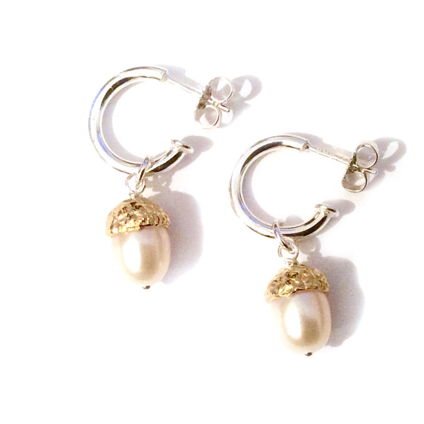 White Small Acorn Pearl Hoop Earrings