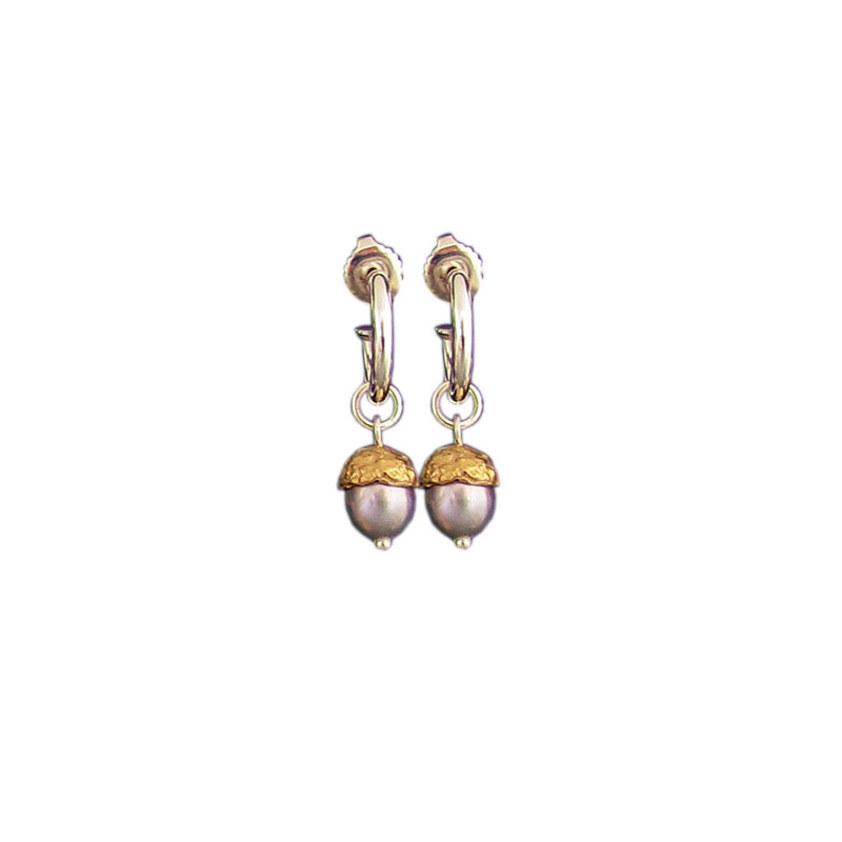 Grey Small Acorn Pearl Hoop Earrings