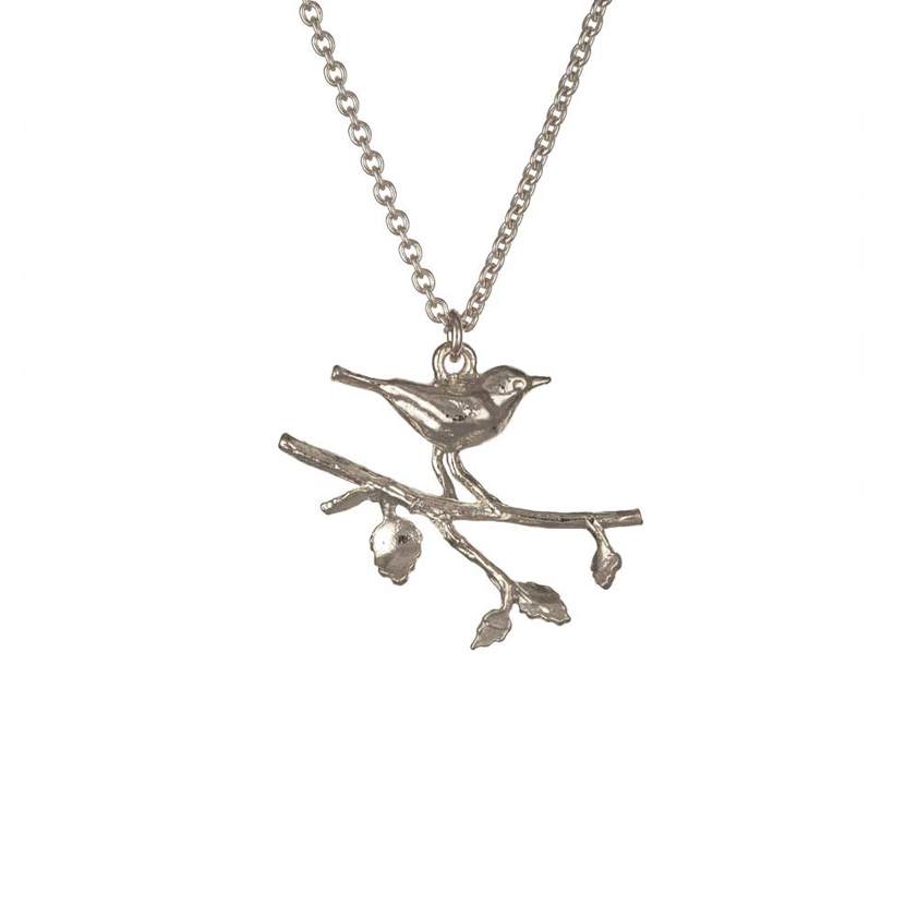 Sterling Silver Perched Warbler Bird Necklace