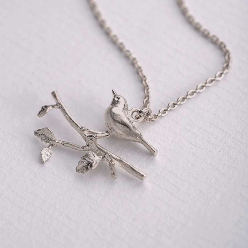 Sterling Silver Perched Warbler Bird Necklace
