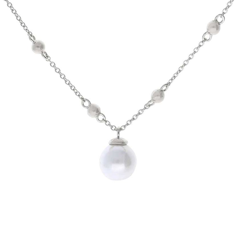 Sterling Silver Trace Chain Shell Pearl Station Necklace