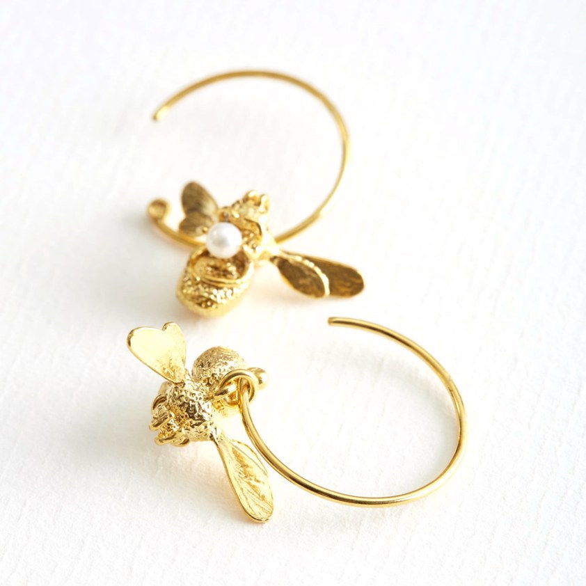 Yellow Gold Vermeil Flying Bee Hoop Earrings