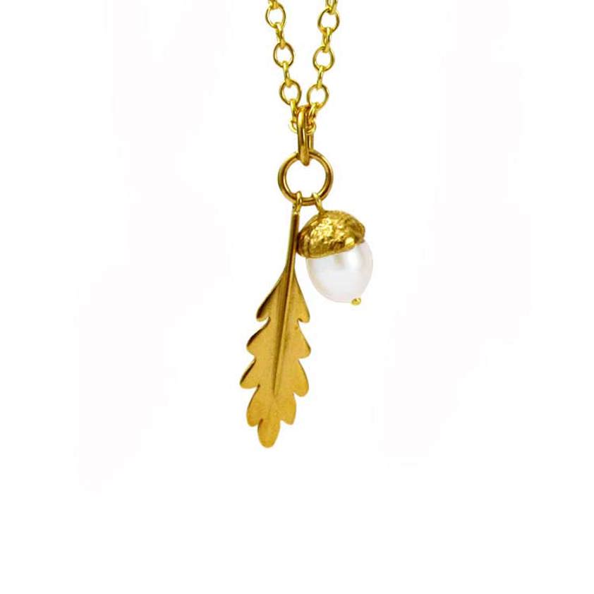White Large Yellow Gold Vermeil Acorn Pearl Necklace