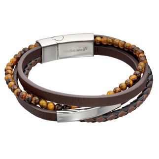 Brown Leather and Yellow Tiger Eye Steel Bracelet