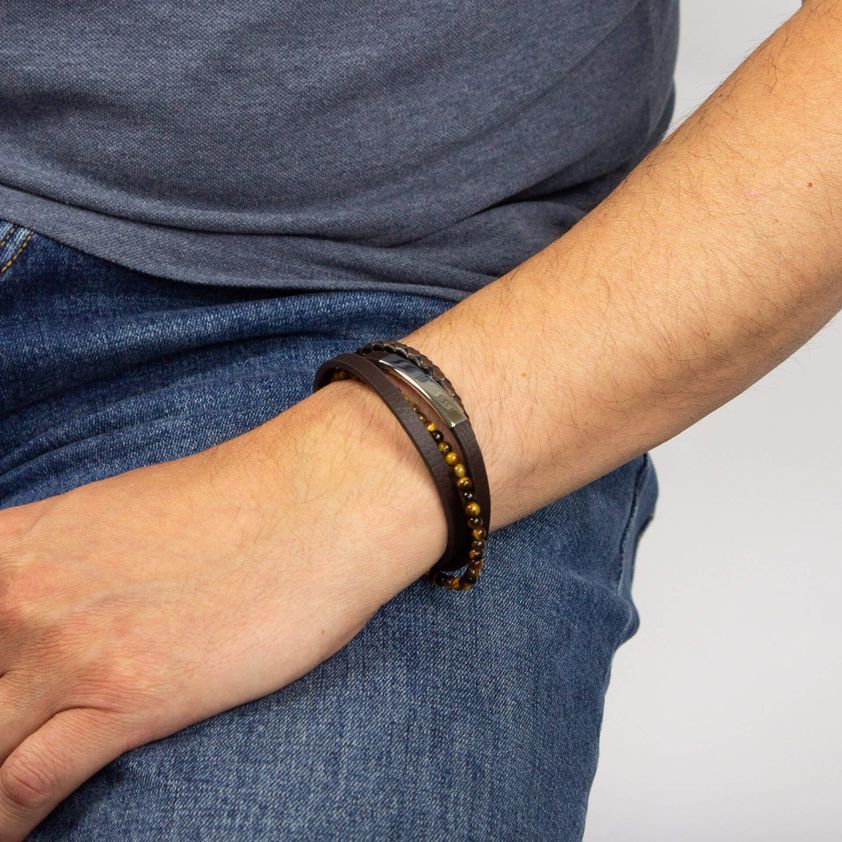 Brown Leather and Yellow Tiger Eye Steel Bracelet