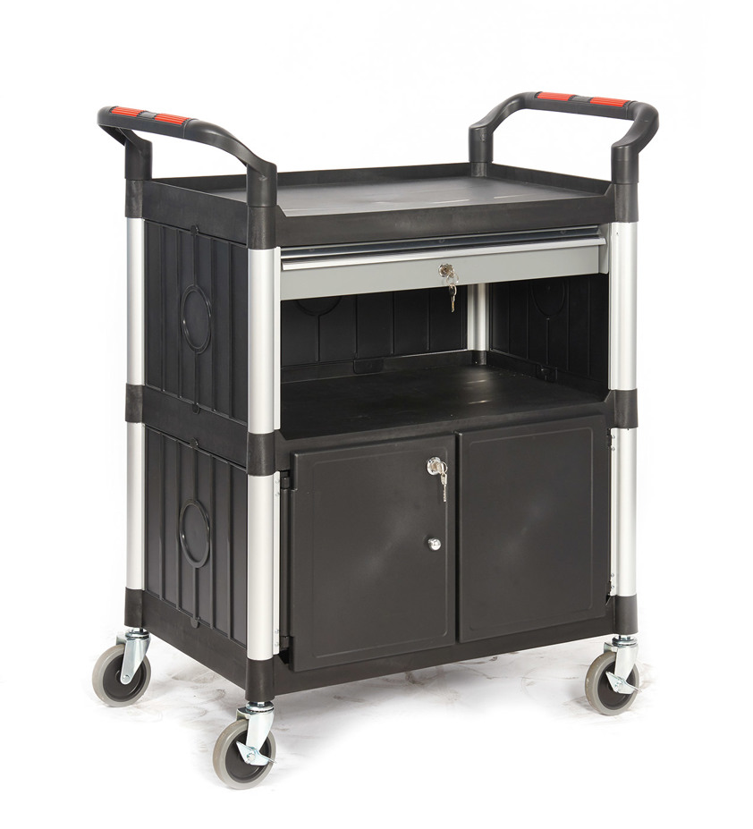 Proplaz 3 Shelf Trolleys with Lockable Steel Drawer & Cupboard